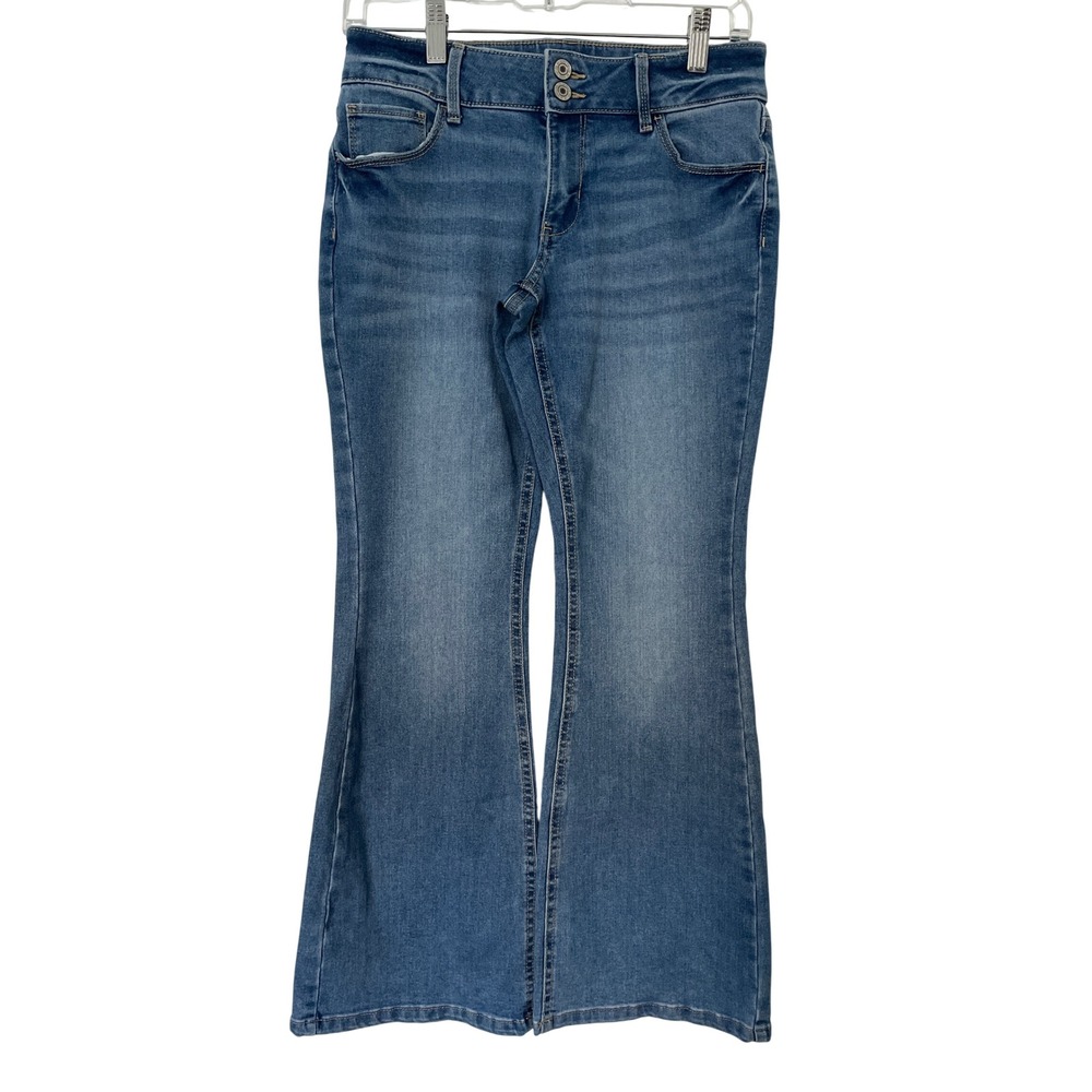 SO Girls Size 14 Straight Leg Jeans Medium Wash Stretch Double Button Y2K Preppy
